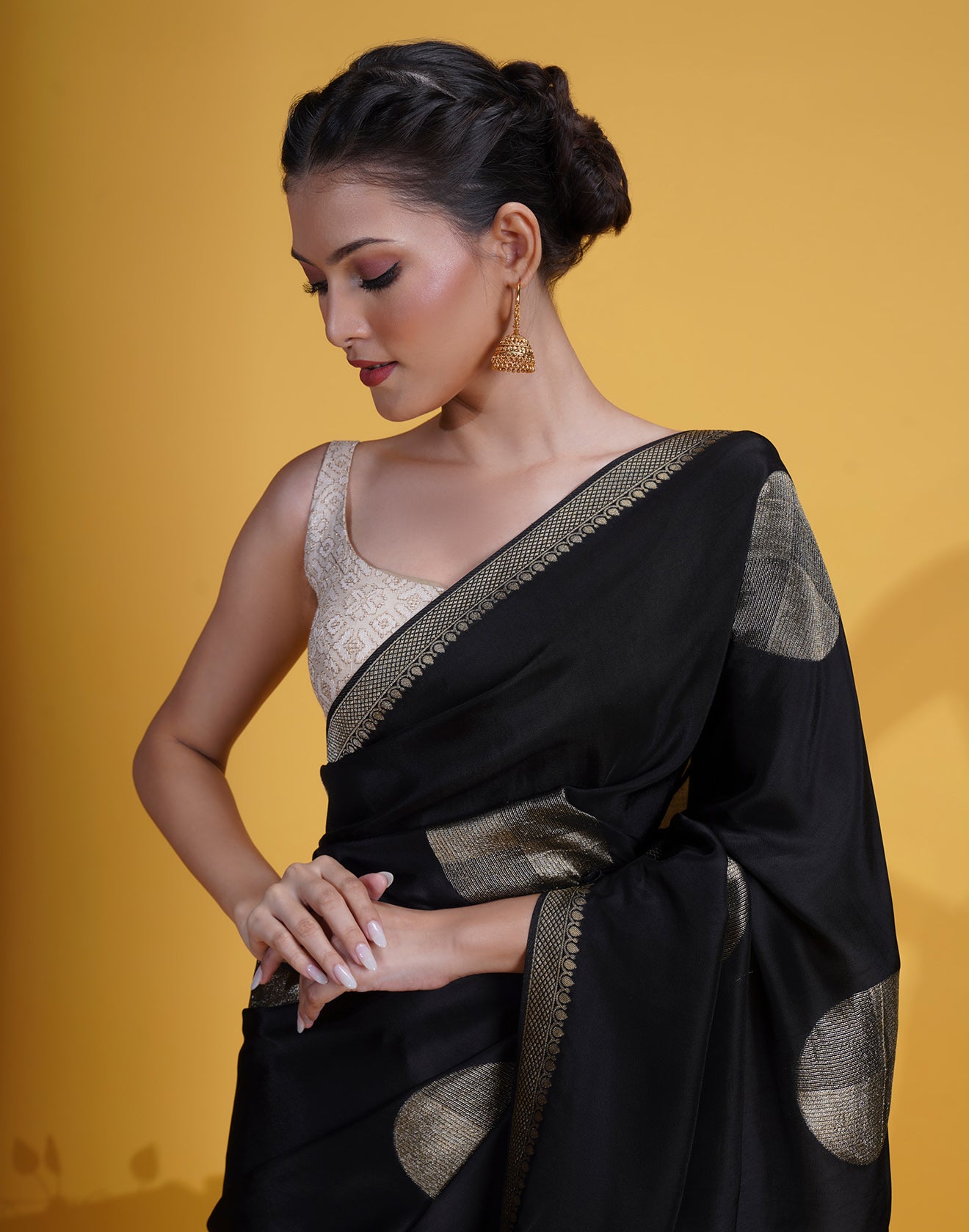 Black Saree In Retro Polka Weave