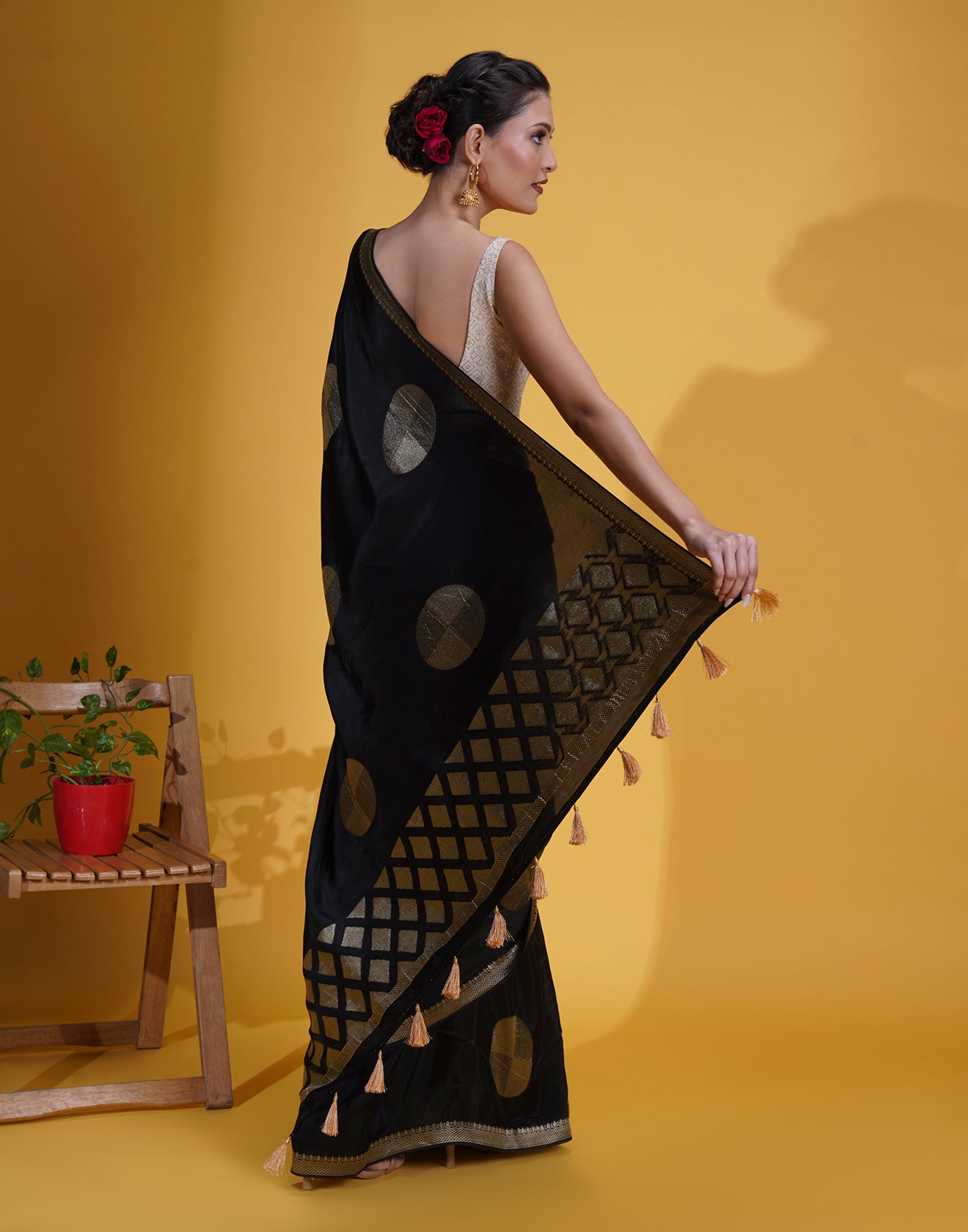 Black Saree In Retro Polka Weave