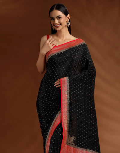Black & Red In Zari Zulf Crepe Silk Saree With Unstitched Blouse Fabric