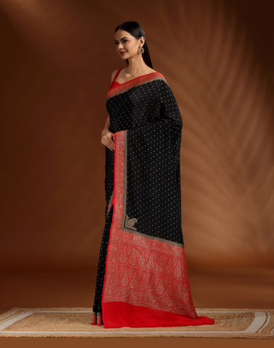Black & Red In Zari Zulf Crepe Silk Saree With Unstitched Blouse Fabric