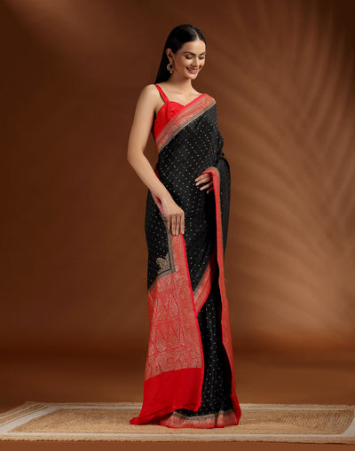 Black & Red In Zari Zulf Crepe Silk Saree With Unstitched Blouse Fabric