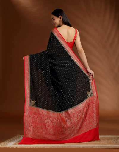 Black & Red In Zari Zulf Crepe Silk Saree With Unstitched Blouse Fabric