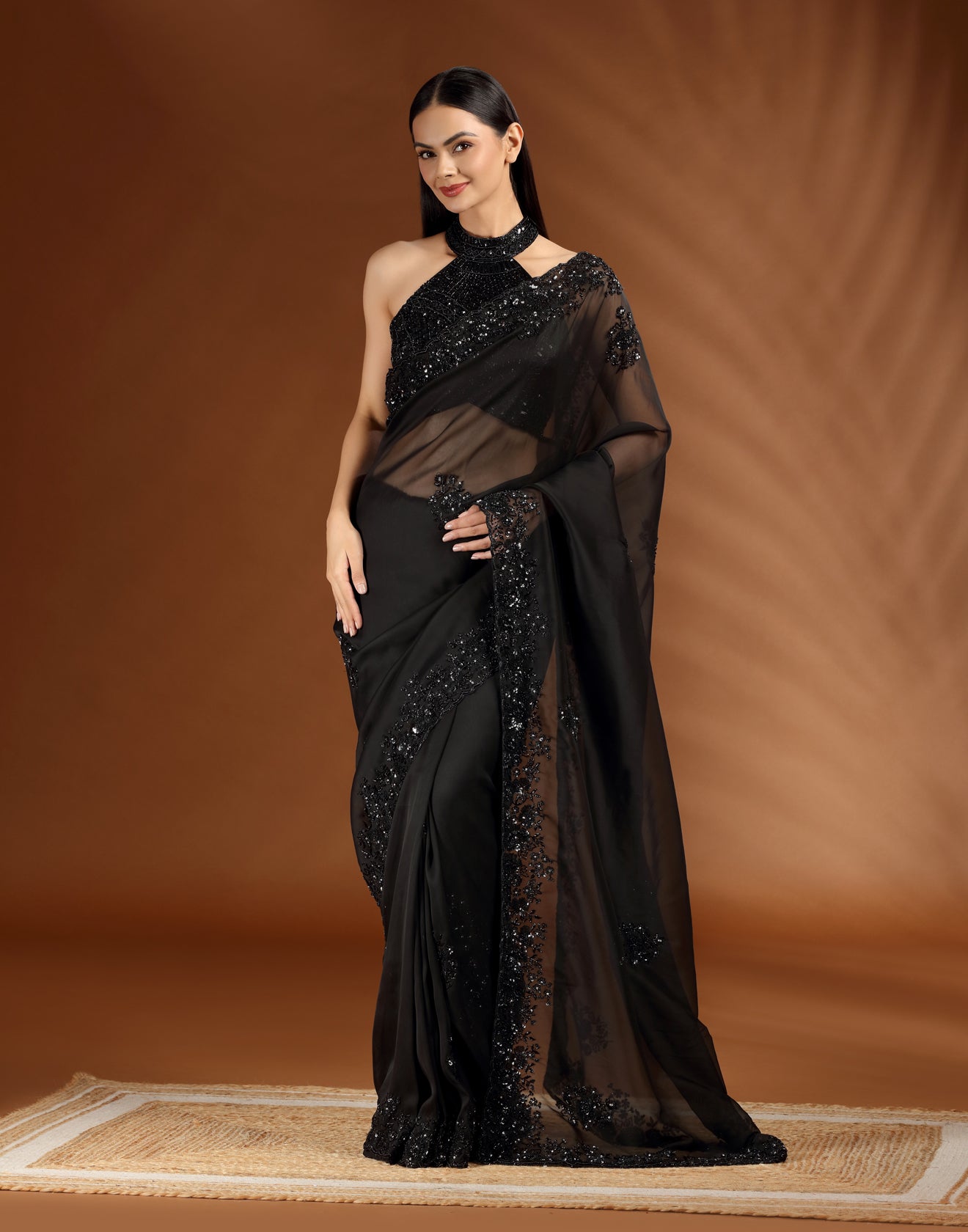 Blackout Bloom Embellished Festive Saree With Unstitched Blouse Fabric