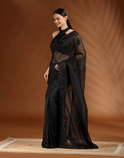 Blackout Bloom Embellished Festive Saree With Unstitched Blouse Fabric
