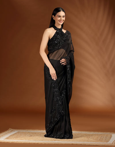 Blackout Bloom Embellished Festive Saree With Unstitched Blouse Fabric