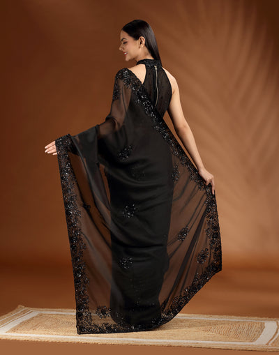 Blackout Bloom Embellished Festive Saree With Unstitched Blouse Fabric