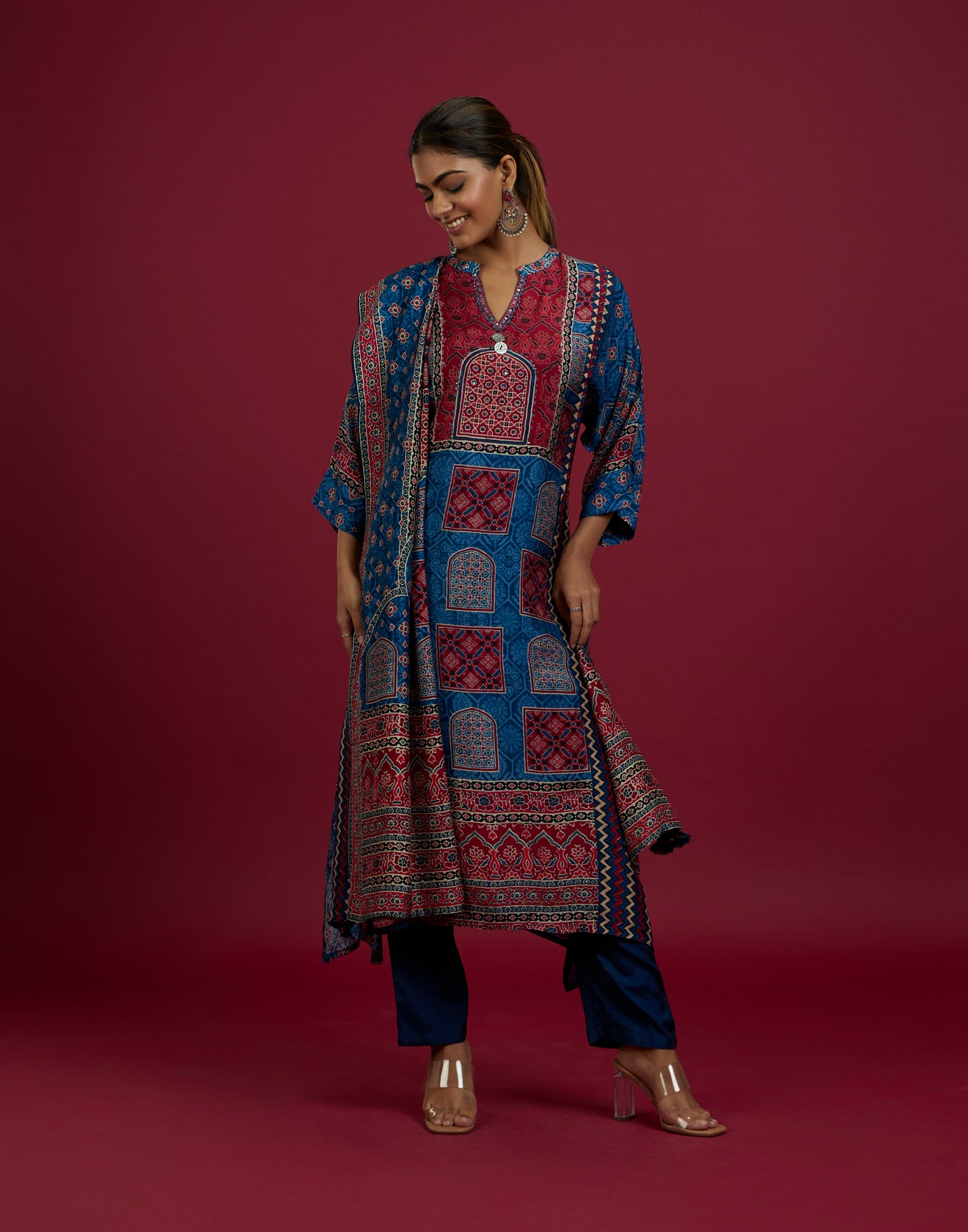 Blue & Red Block Print A-LIne Kurta Set