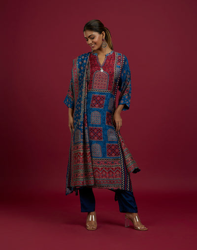 Blue & Red Block Print A-LIne Kurta Set