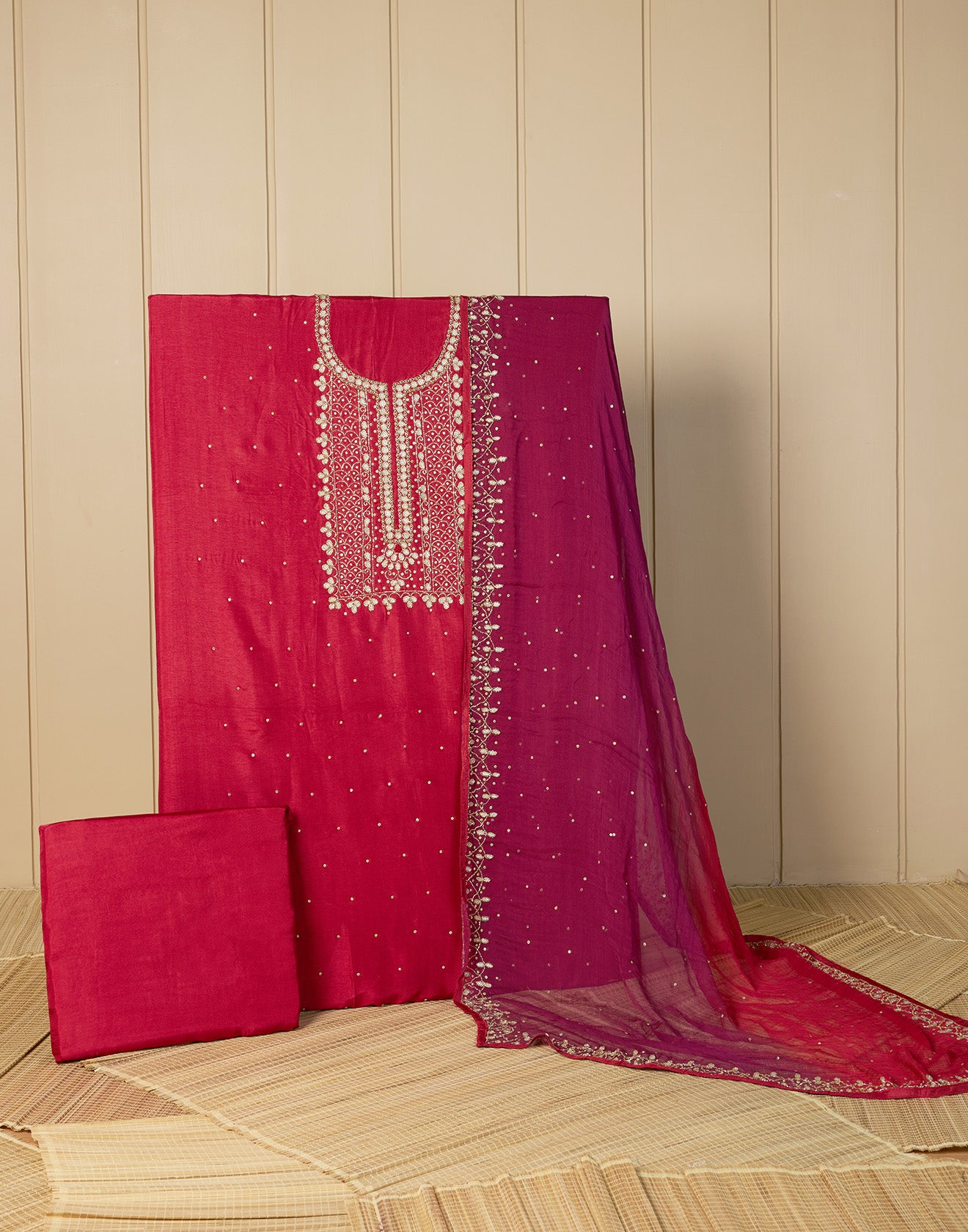 Bold Red Dola Silk Festive Unstitched Suit Set