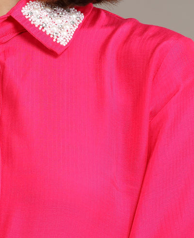 Bright Pink Embellished Shirt And Pant Set