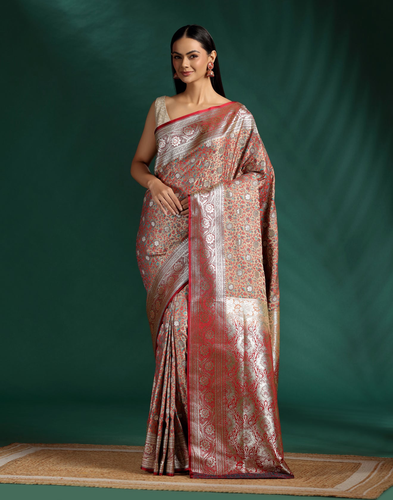 Burnt Cinnamon Jacquard Banarasi Silk Saree With Unstitched Blouse Fabric