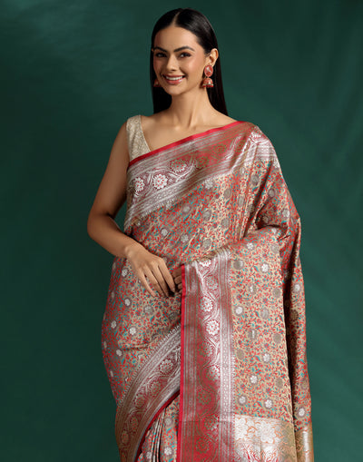 Burnt Cinnamon Jacquard Banarasi Silk Saree With Unstitched Blouse Fabric