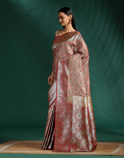 Burnt Cinnamon Jacquard Banarasi Silk Saree With Unstitched Blouse Fabric