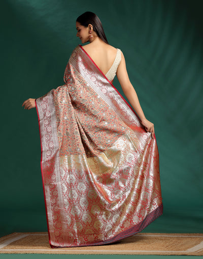 Burnt Cinnamon Jacquard Banarasi Silk Saree With Unstitched Blouse Fabric