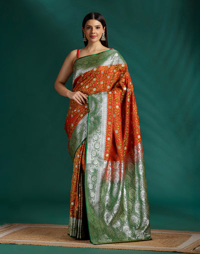 Caramel Marigold Jacquard Banarasi Silk Saree With Unstitched Blouse Fabric