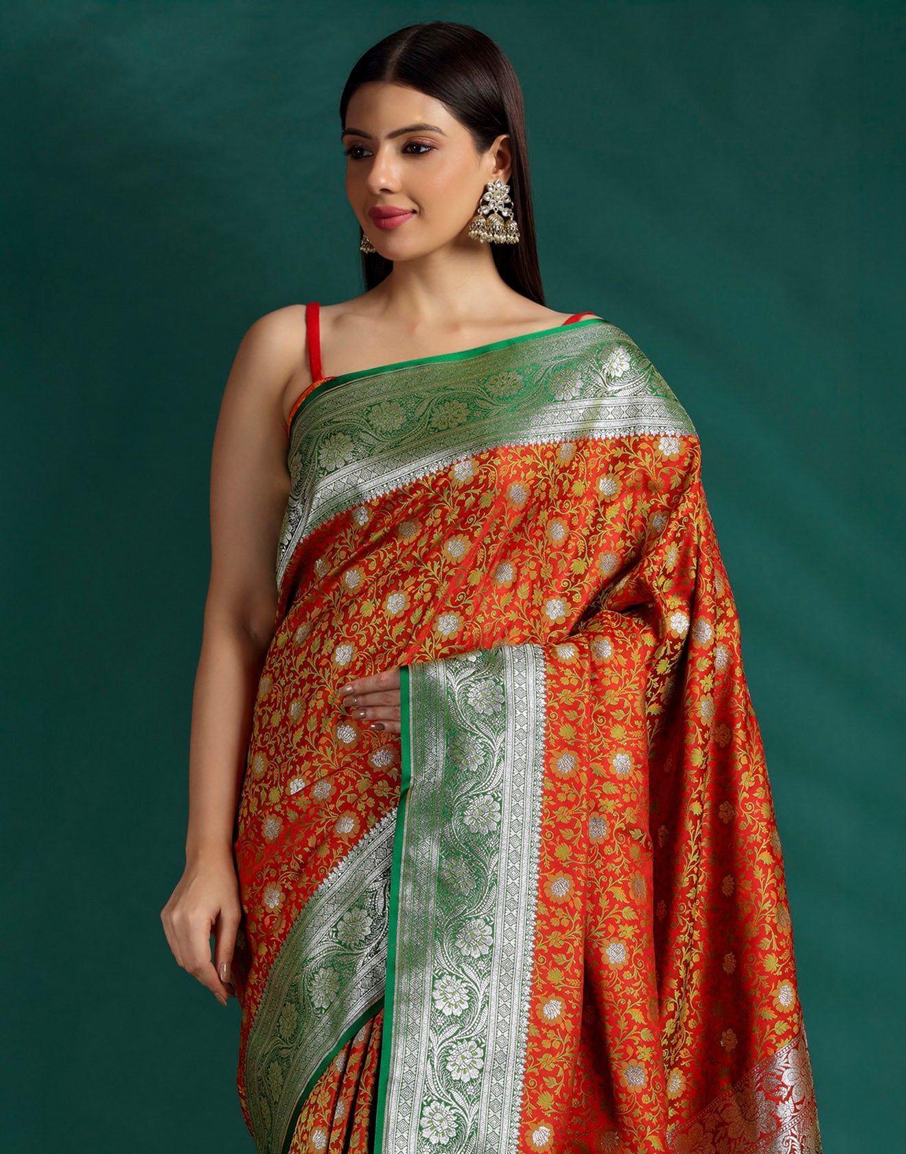 Caramel Marigold Jacquard Banarasi Silk Saree With Unstitched Blouse Fabric