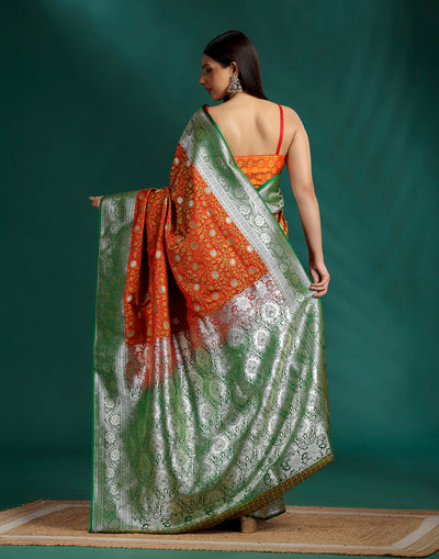 Caramel Marigold Jacquard Banarasi Silk Saree With Unstitched Blouse Fabric
