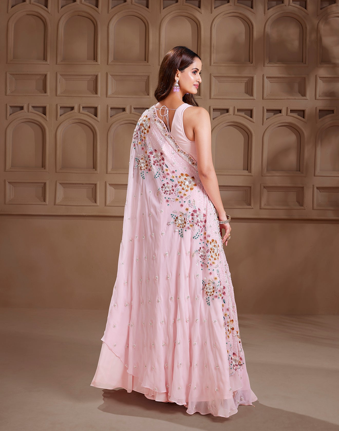 Carnation Pink Off-Shoulder Cape Lehenga Set