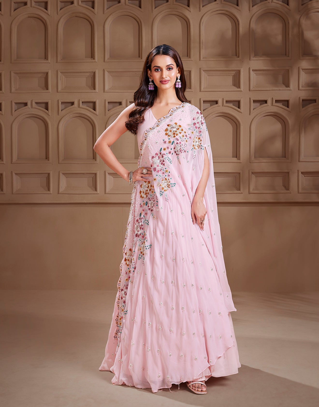 Carnation Pink Off-Shoulder Cape Lehenga Set