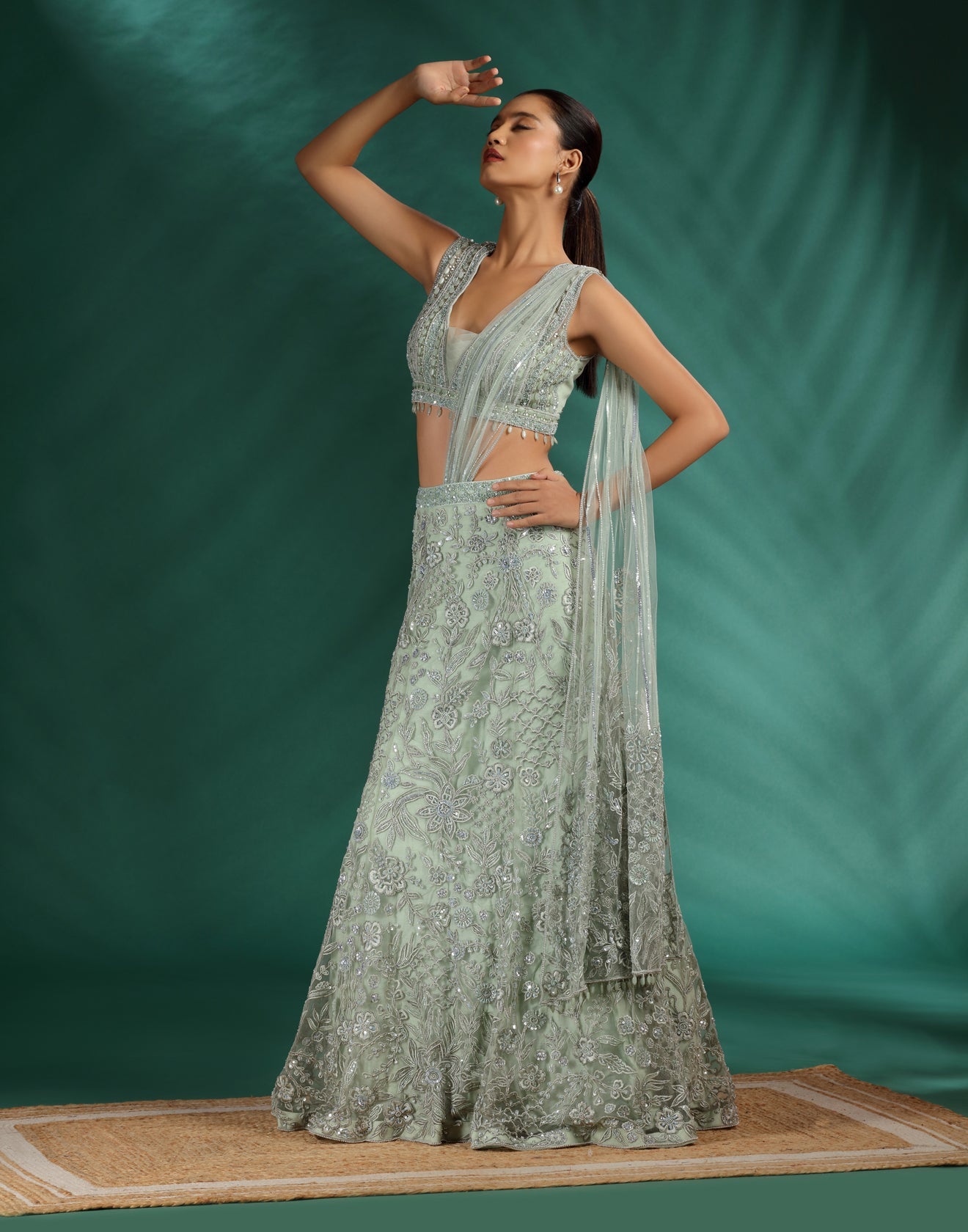 Celadon Mist Embroidered Fish-Cut Lehenga