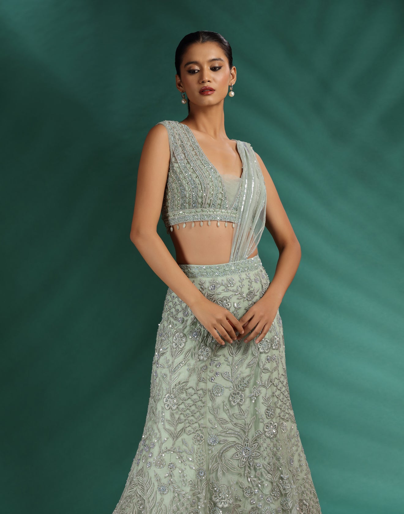 Celadon Mist Embroidered Fish-Cut Lehenga