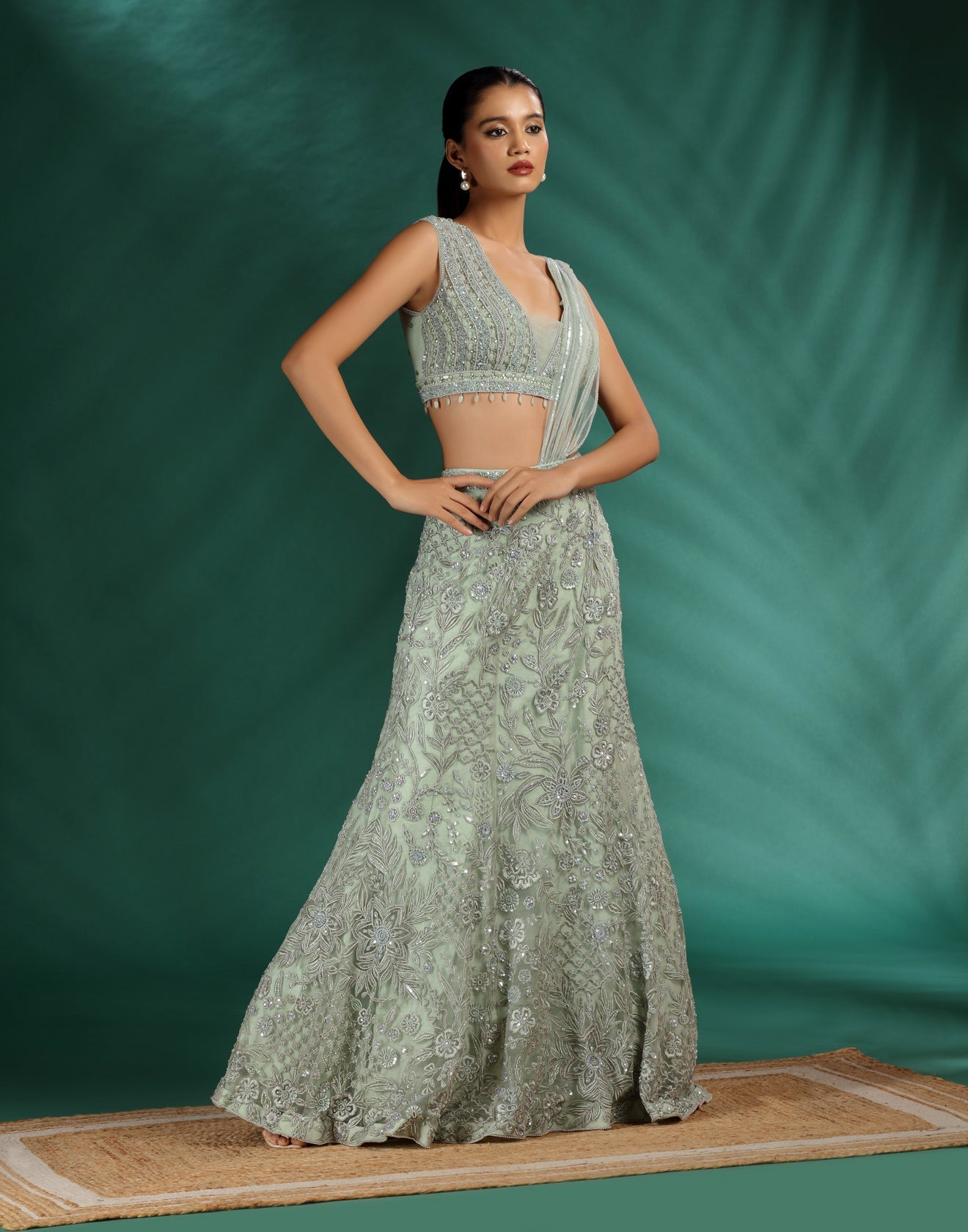 Celadon Mist Embroidered Fish-Cut Lehenga