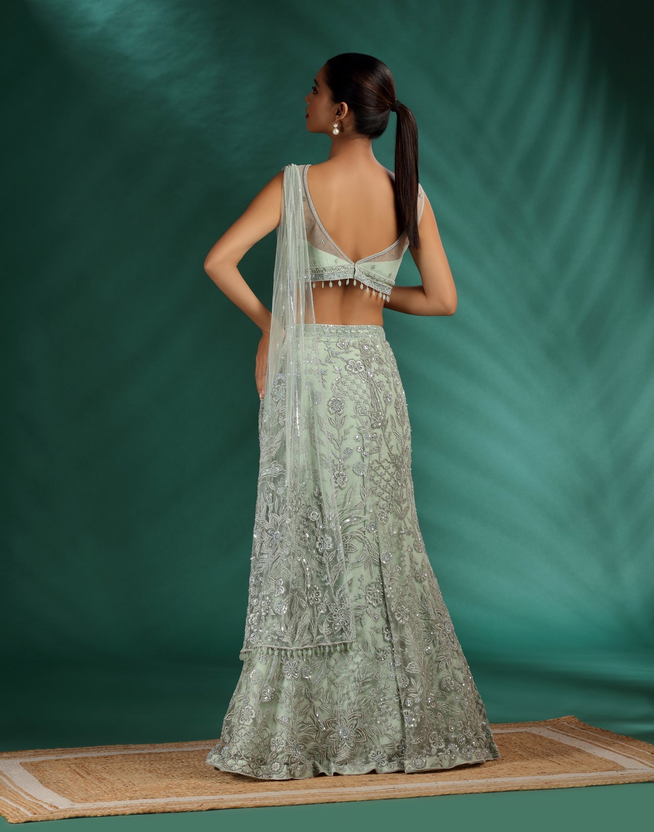 Celadon Mist Embroidered Fish-Cut Lehenga