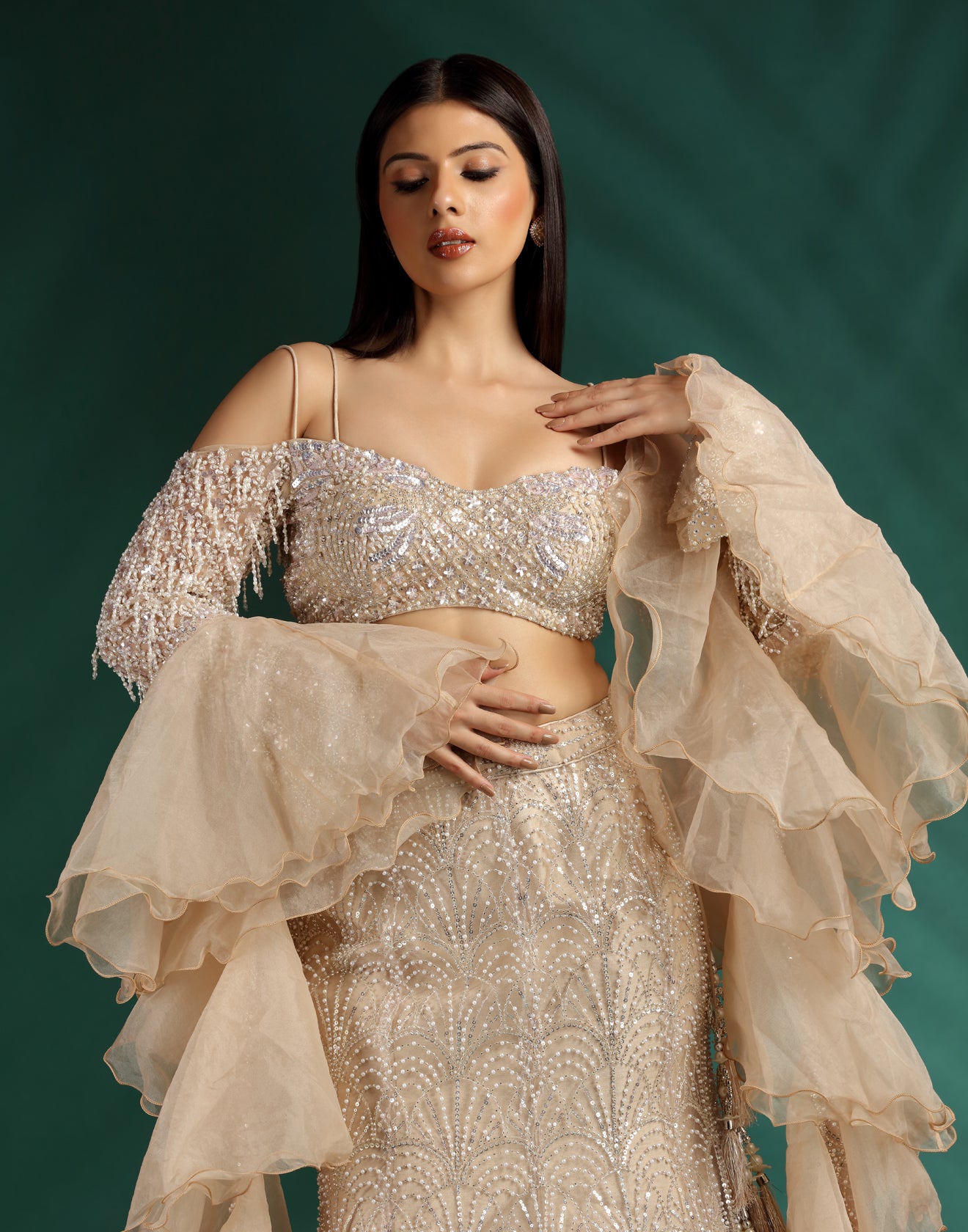 Champagne Glint Embellished Fish-Cut Lehenga Set