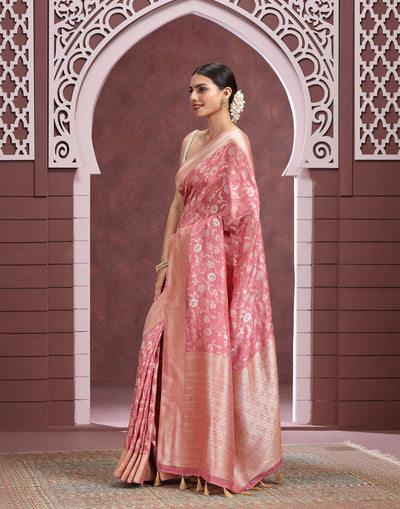 Champagne Peach Floral Jaal Silk Saree