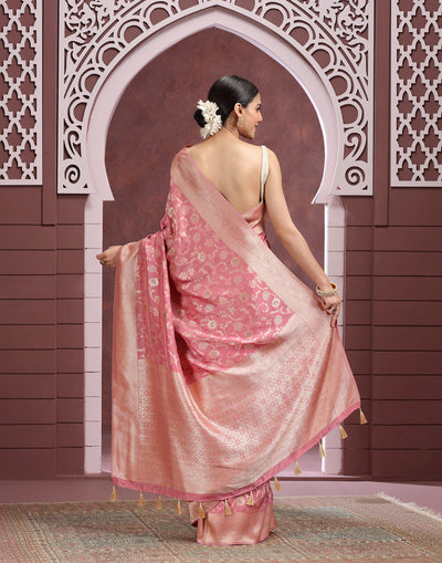 Champagne Peach Floral Jaal Silk Saree