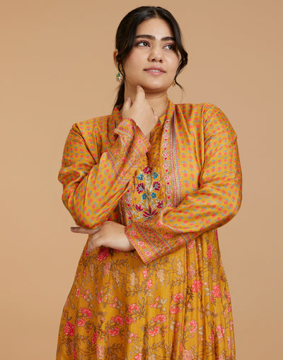 Cheerful Golden-Yellow Printed Flared Kurti With Hand Embroidered Yoke