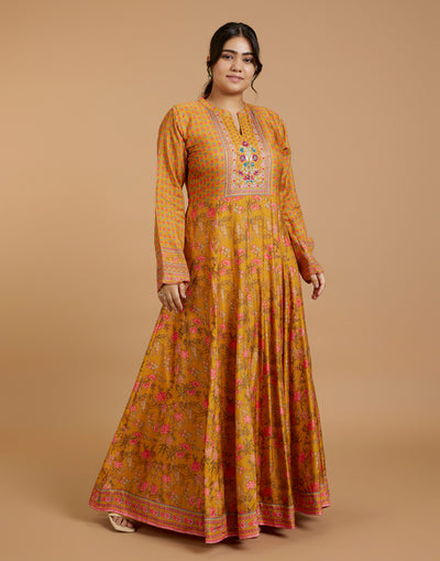 Cheerful Golden-Yellow Printed Flared Kurti With Hand Embroidered Yoke