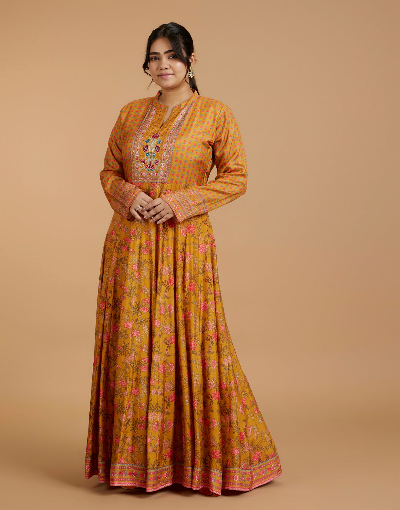 Cheerful Golden-Yellow Printed Flared Kurti With Hand Embroidered Yoke