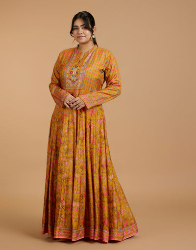 Cheerful Golden-Yellow Printed Flared Kurti With Hand Embroidered Yoke