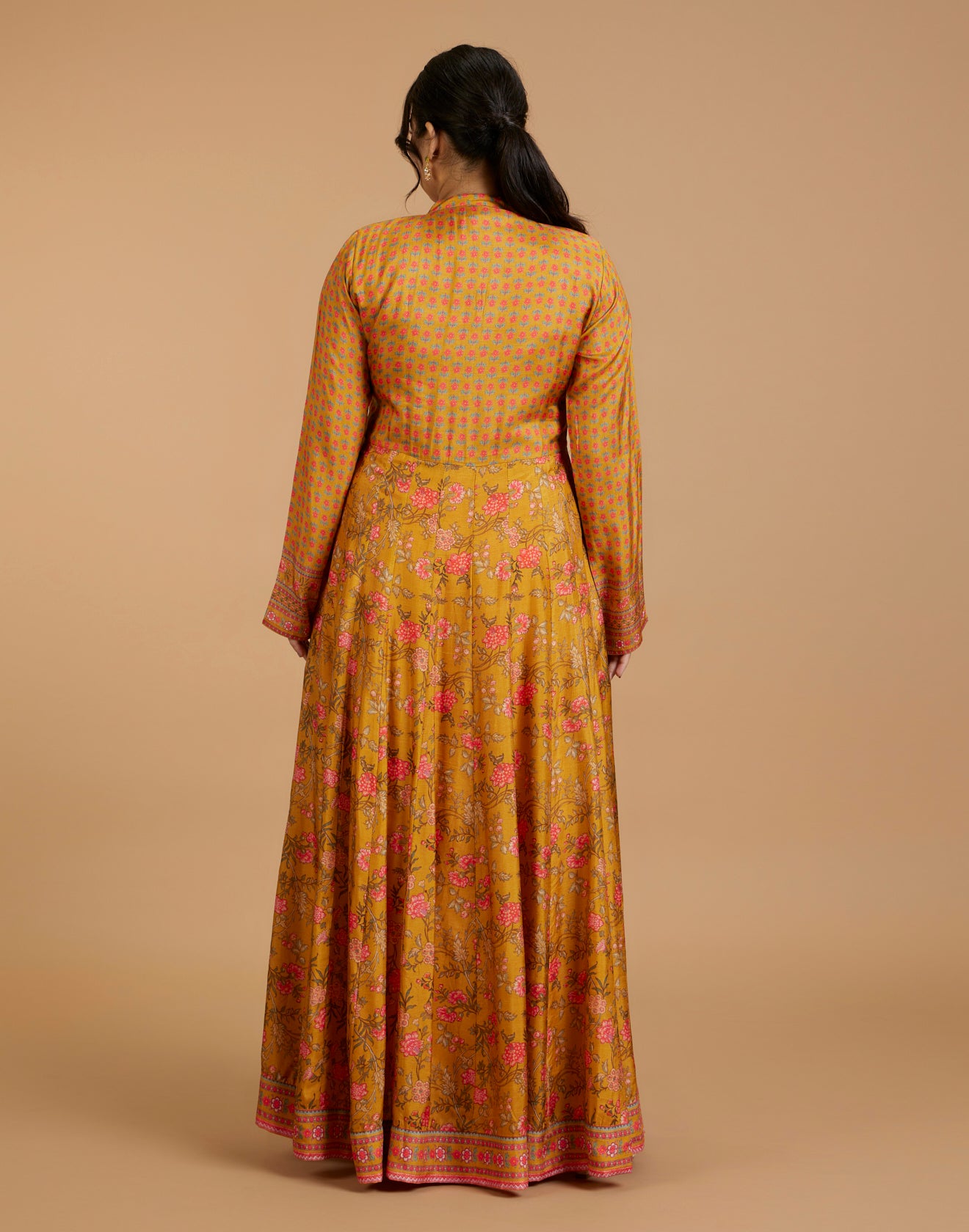 Cheerful Golden-Yellow Printed Flared Kurti With Hand Embroidered Yoke