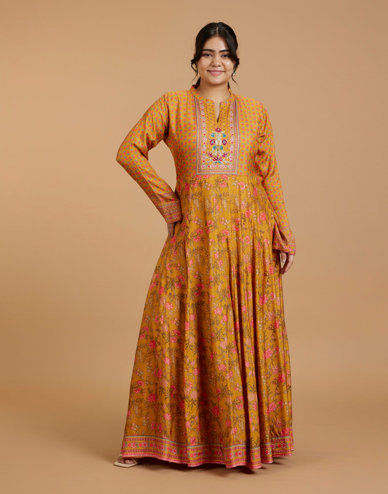 Cheerful Golden-Yellow Printed Flared Kurti With Hand Embroidered Yoke