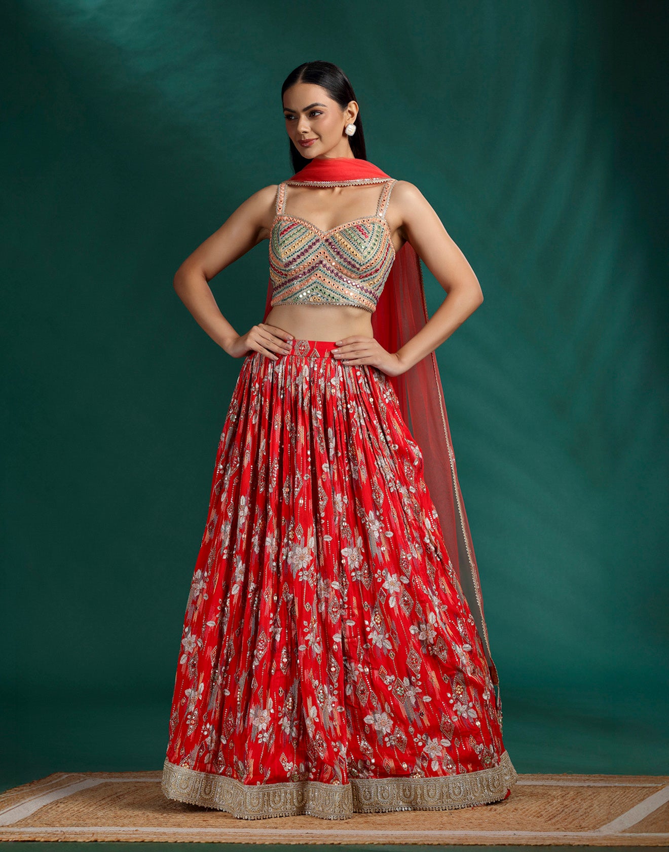 Cherry Red Printed Bridesmaid Lehenga Set