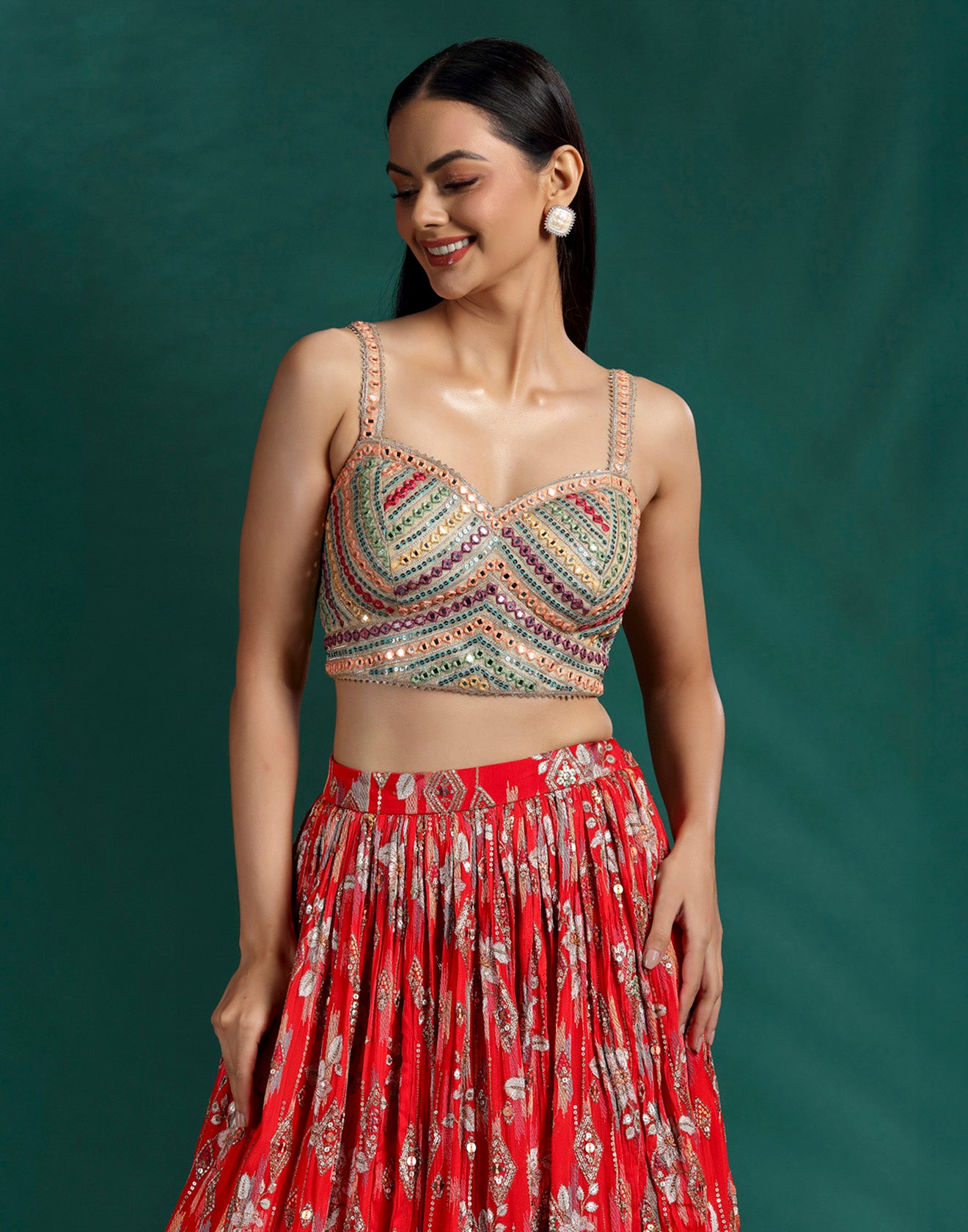 Cherry Red Printed Bridesmaid Lehenga Set