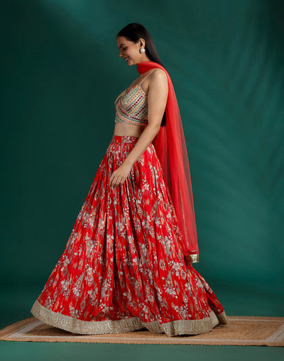 Cherry Red Printed Bridesmaid Lehenga Set