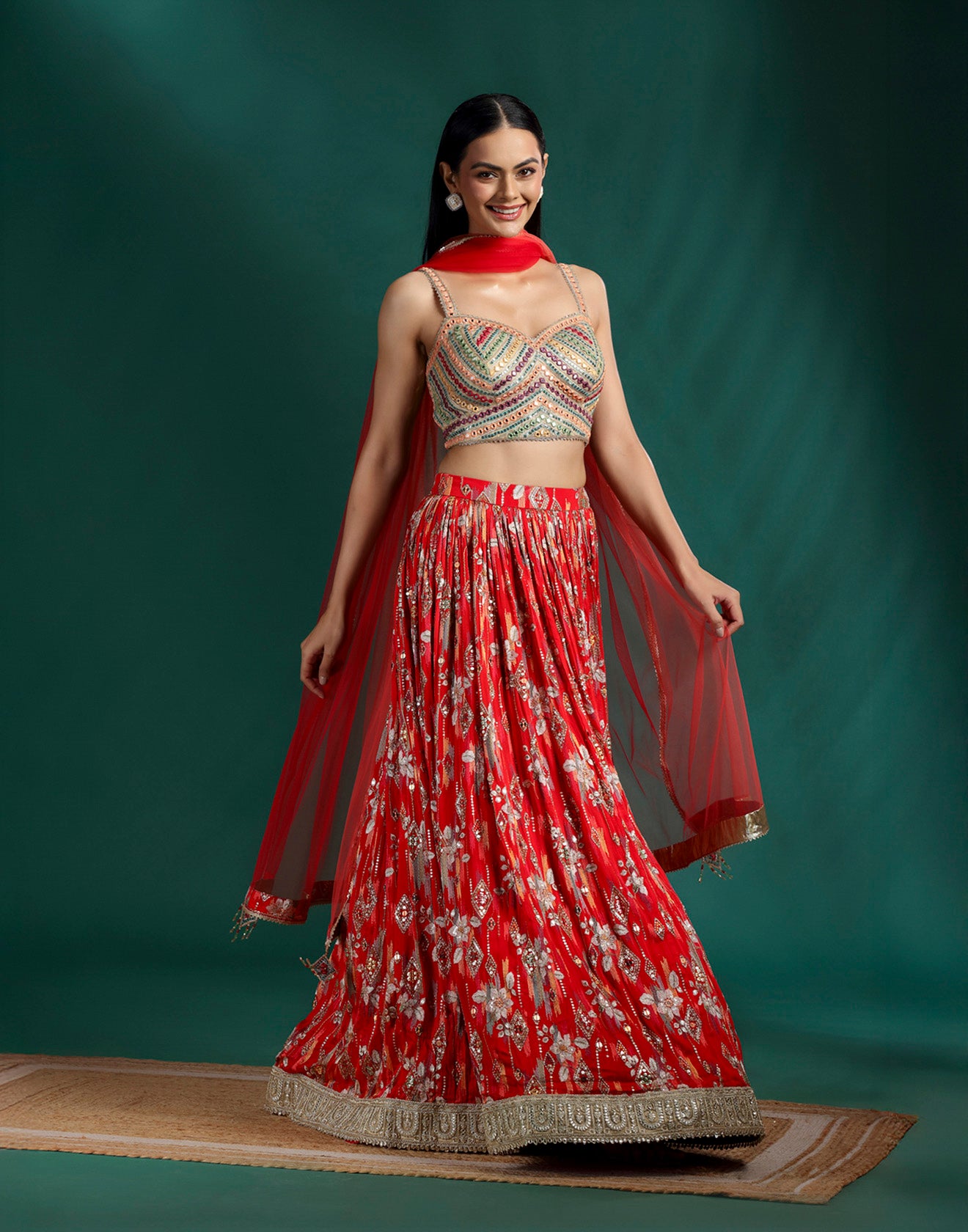 Cherry Red Printed Bridesmaid Lehenga Set