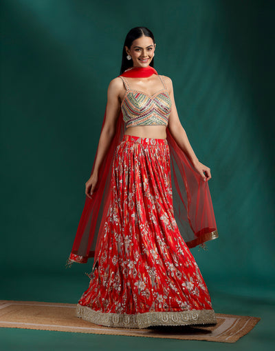 Cherry Red Printed Bridesmaid Lehenga Set