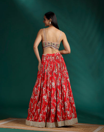 Cherry Red Printed Bridesmaid Lehenga Set