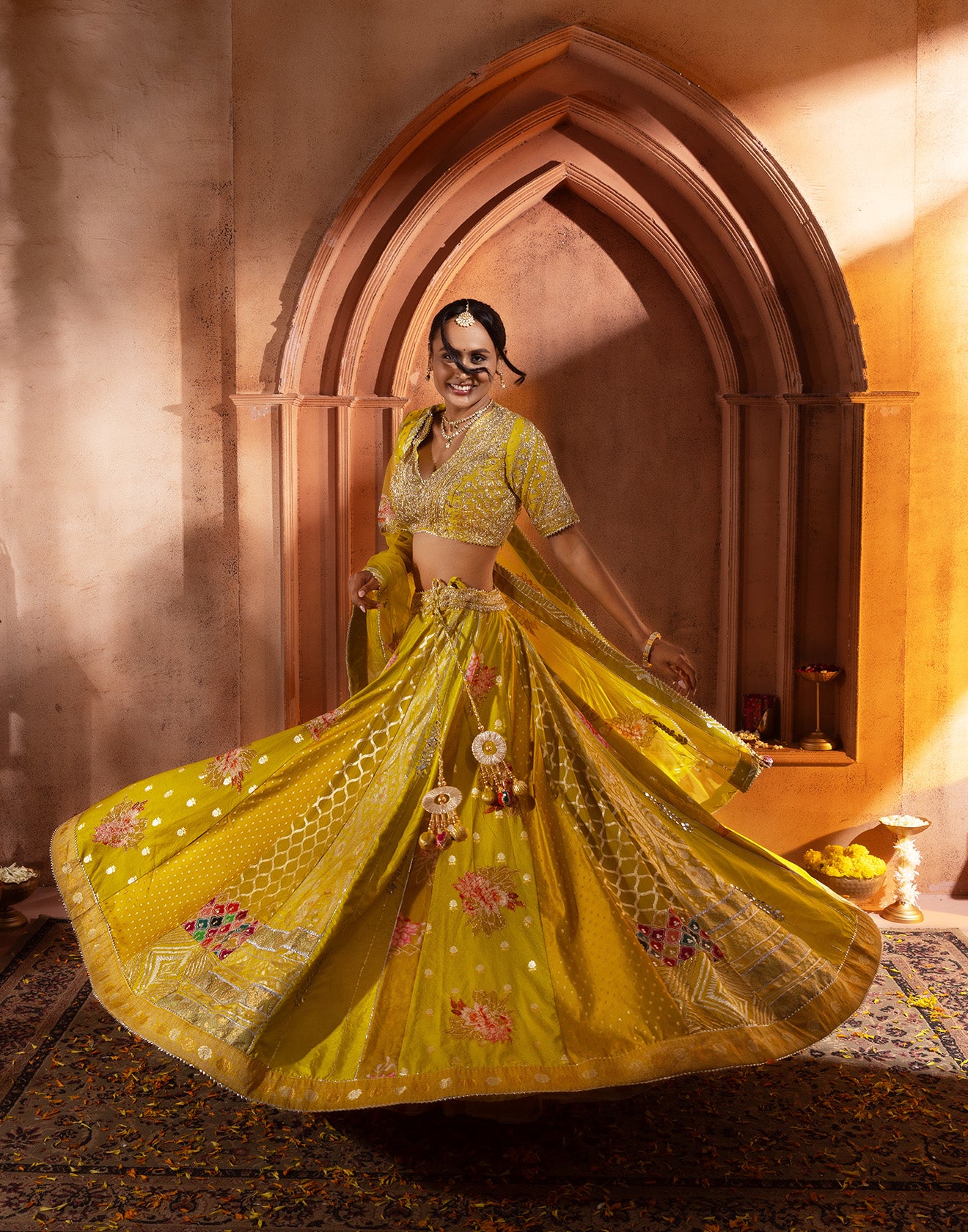 Citron Green Lotus Weave Brocade Lehenga Set