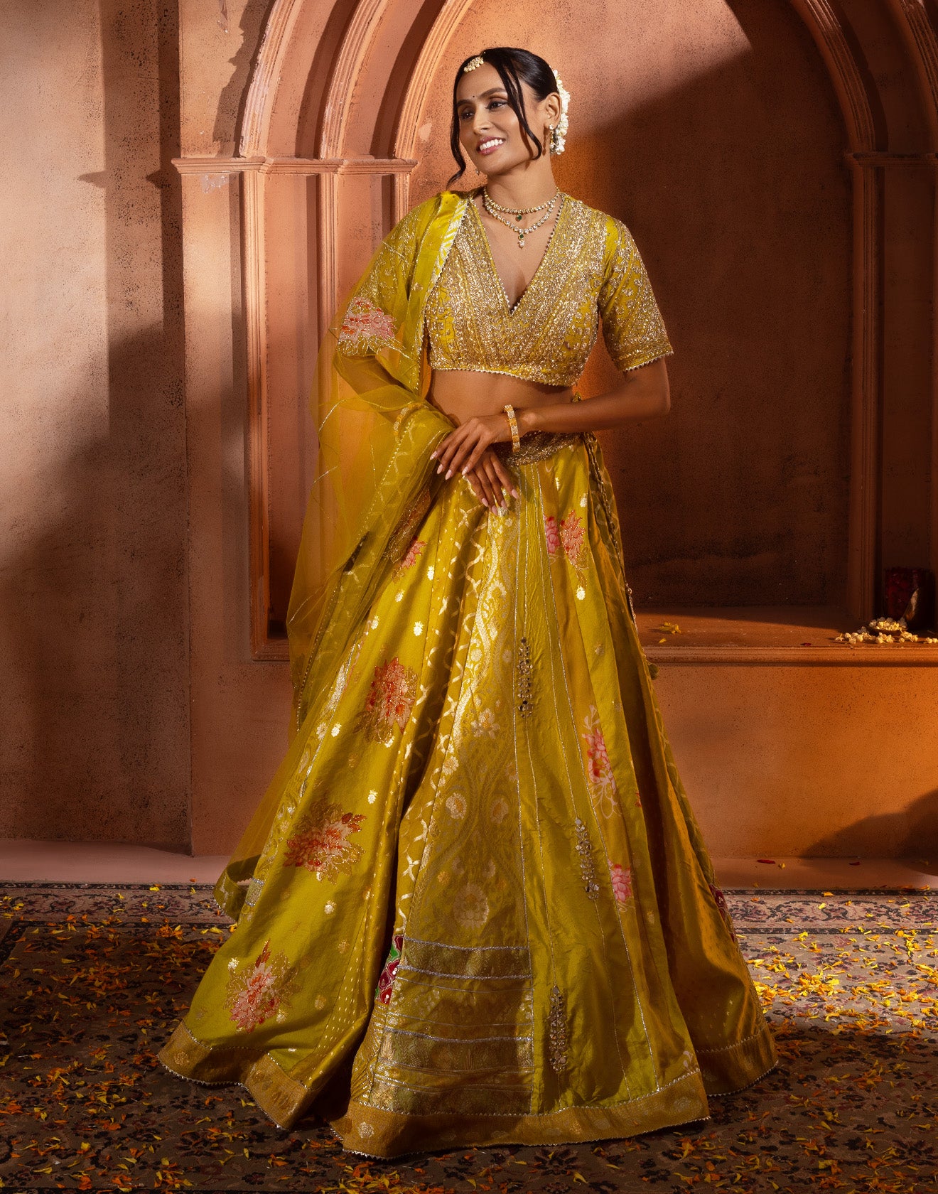 Citron Green Lotus Weave Brocade Lehenga Set