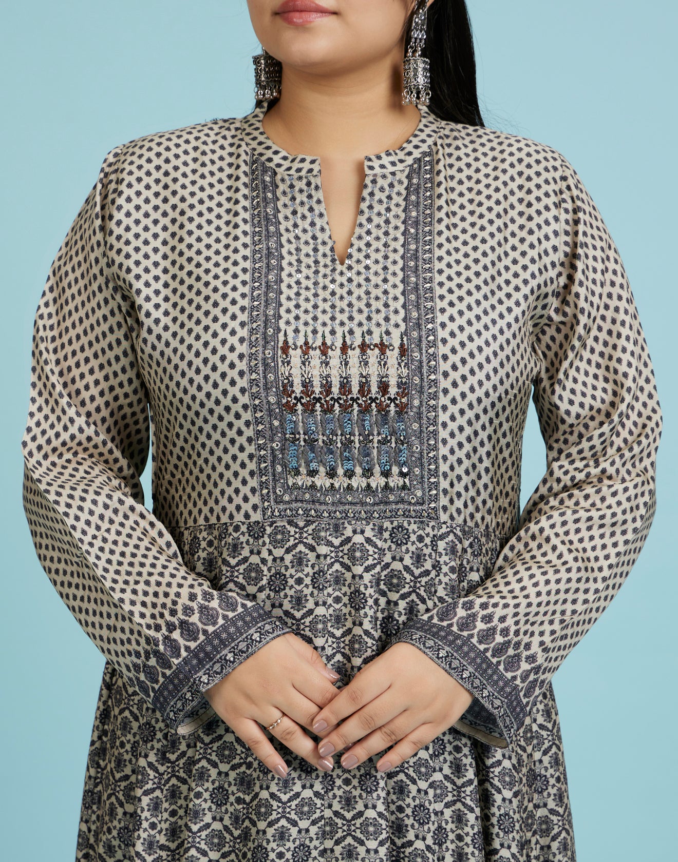 Classic Cream And Black Ethnic Flared Kurti With Hand Embroidered Yoke