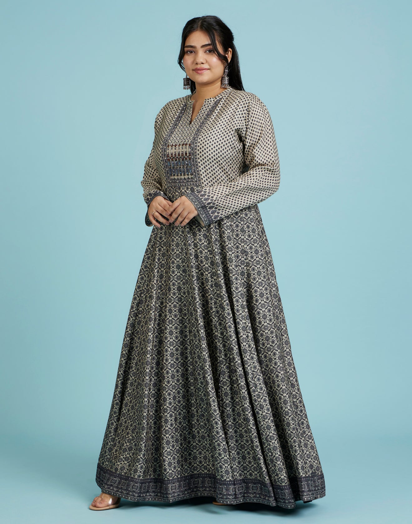 Classic Cream And Black Ethnic Flared Kurti With Hand Embroidered Yoke