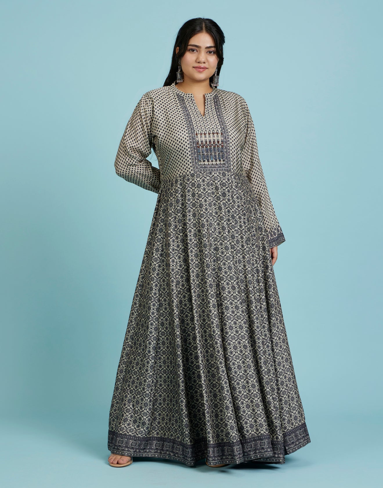 Classic Cream And Black Ethnic Flared Kurti With Hand Embroidered Yoke