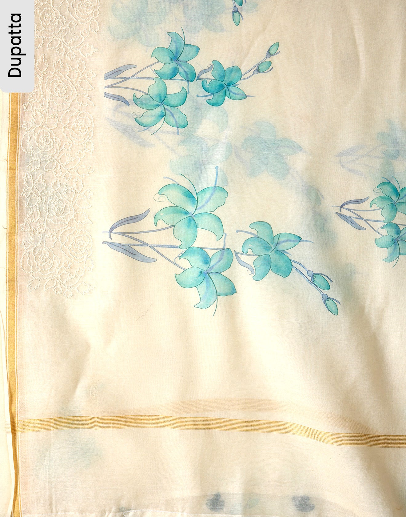 Cloudy White And Blue Floral Chanderi Cotton Unstitched Suit Set