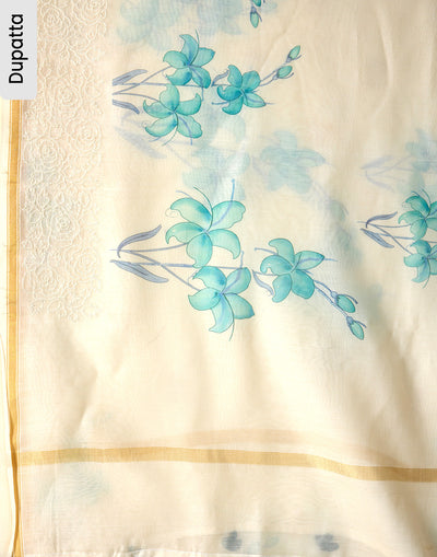 Cloudy White And Blue Floral Chanderi Cotton Unstitched Suit Set