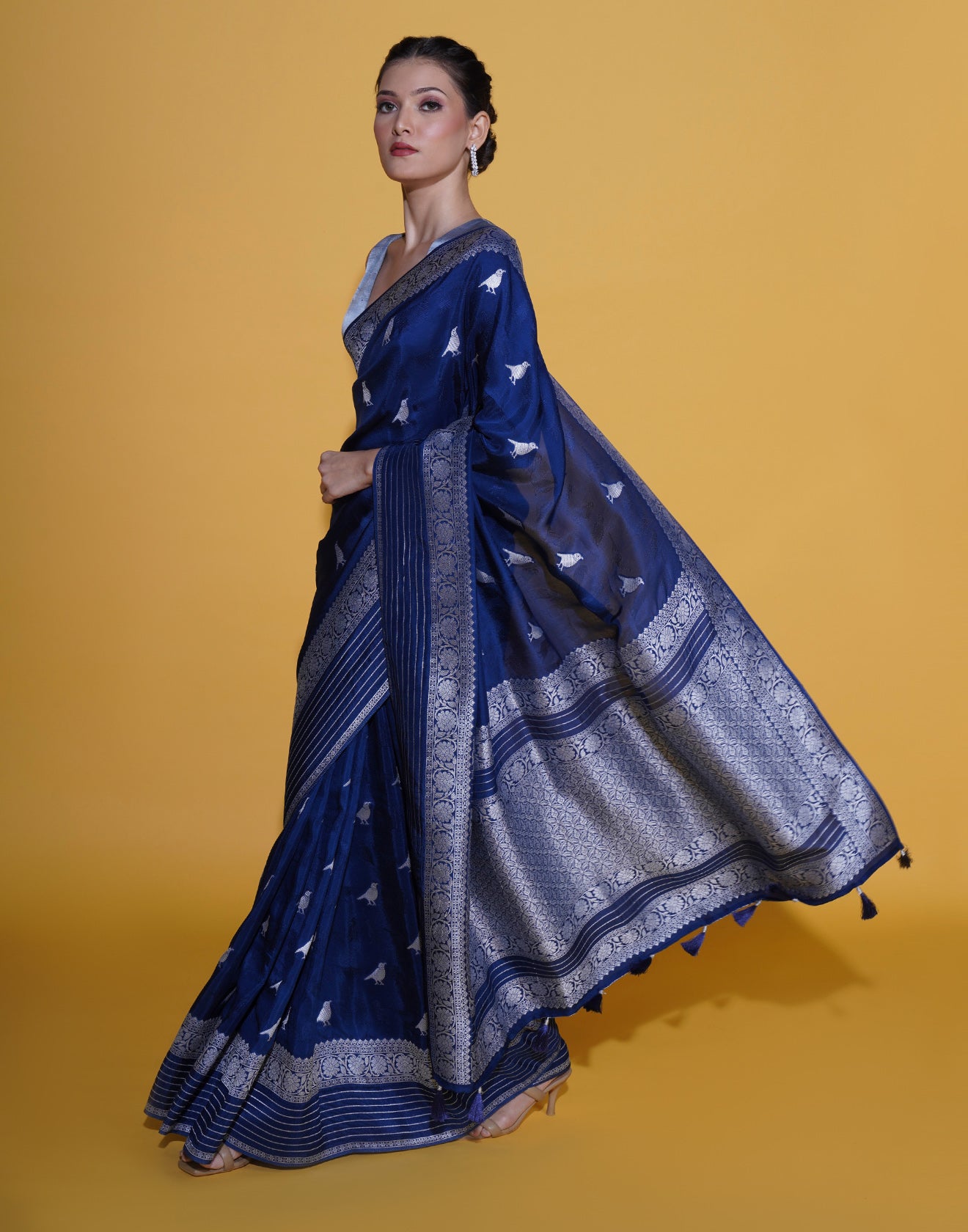 Cloudy Blue With Bird Woven Motif Silk Saree